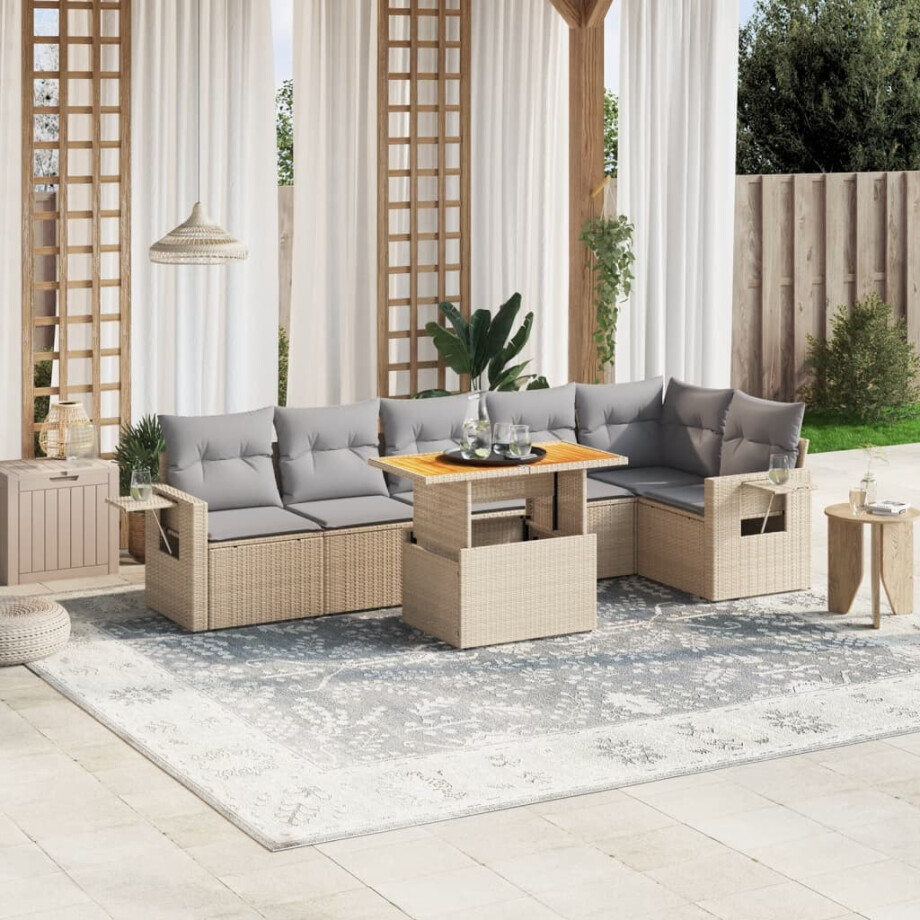 vidaXL 7-delige Loungeset met kussens poly rattan beige afbeelding 1