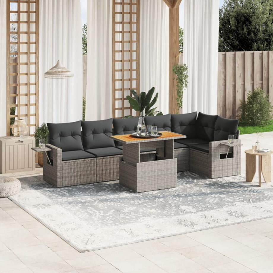 vidaXL 7-delige Loungeset met kussens poly rattan grijs afbeelding 1