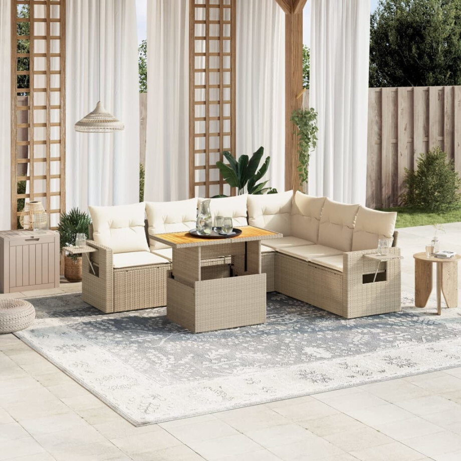 vidaXL 7-delige Loungeset met kussens poly rattan beige afbeelding 1