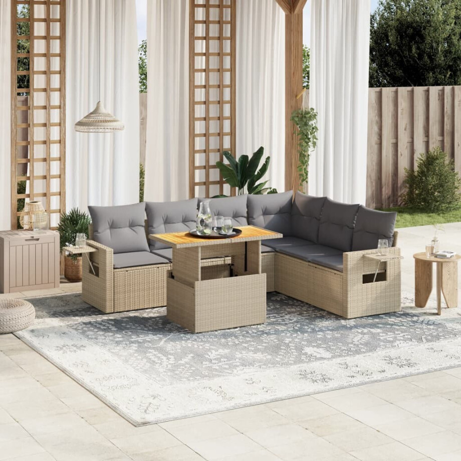 vidaXL 7-delige Loungeset met kussens poly rattan beige afbeelding 1