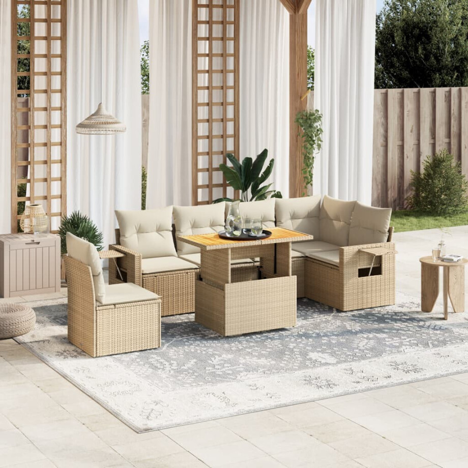 vidaXL 7-delige Loungeset met kussens poly rattan beige afbeelding 1