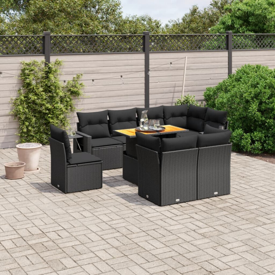 vidaXL 9-delige Loungeset met kussens poly rattan zwart afbeelding 1