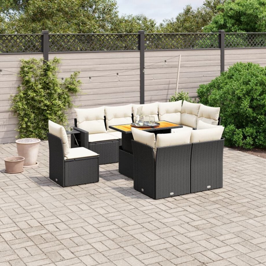 vidaXL 9-delige Loungeset met kussens poly rattan zwart afbeelding 1