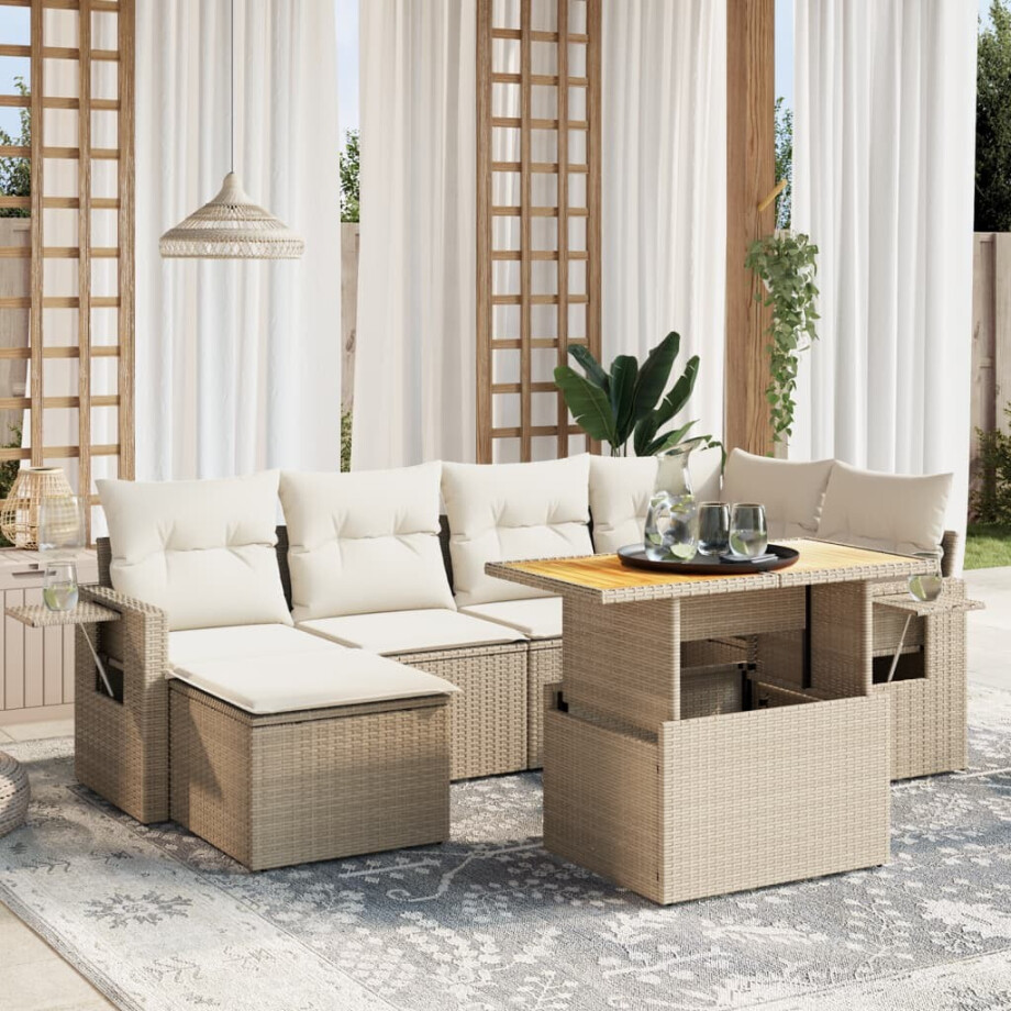 vidaXL 7-delige Loungeset met kussens poly rattan beige afbeelding 1