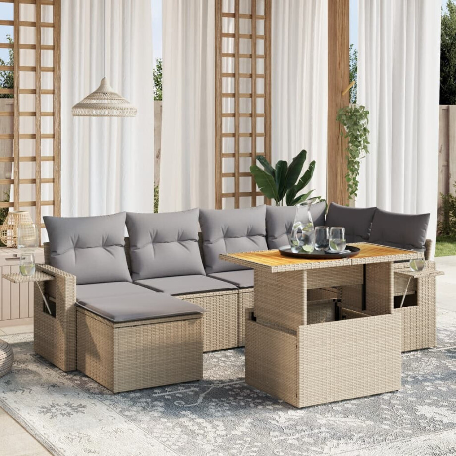 vidaXL 7-delige Loungeset met kussens poly rattan beige afbeelding 1