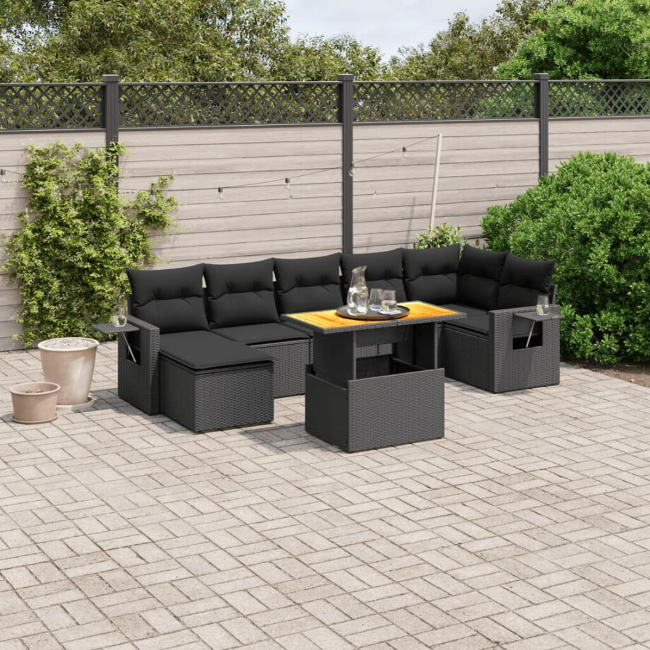 vidaXL 8-delige Loungeset met kussens poly rattan zwart afbeelding 1