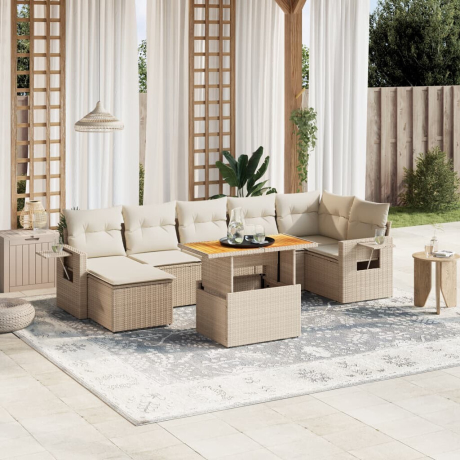 vidaXL 8-delige Loungeset met kussens poly rattan beige afbeelding 1