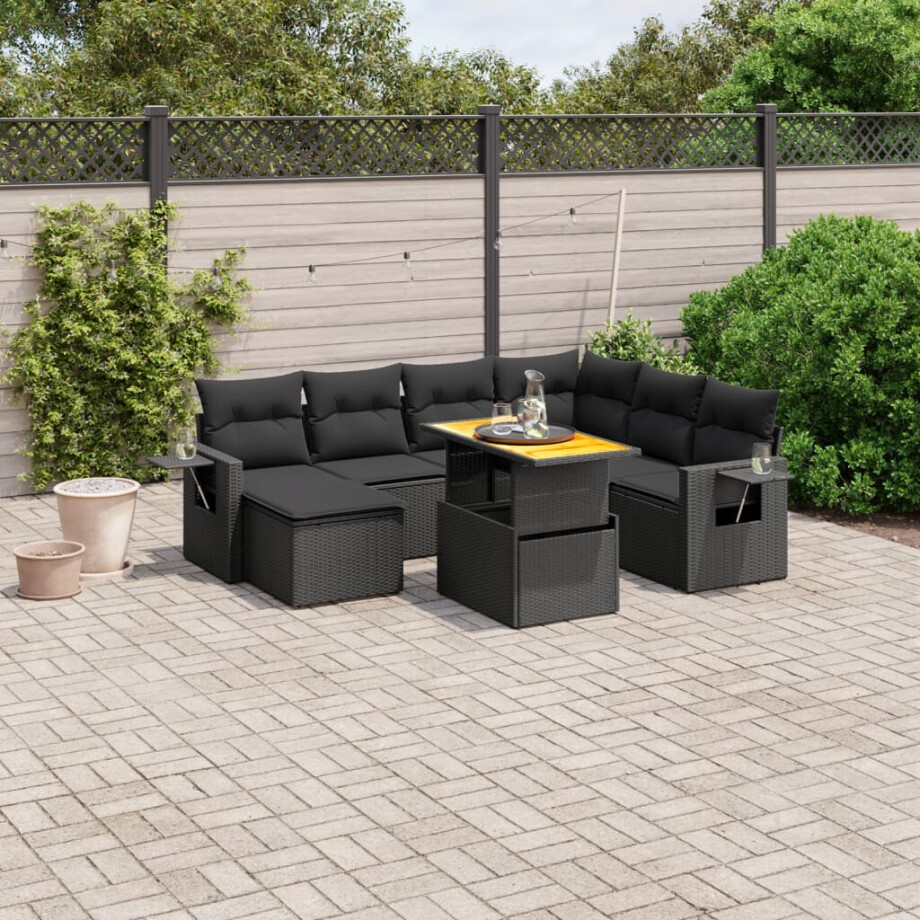 vidaXL 8-delige Loungeset met kussens poly rattan zwart afbeelding 1