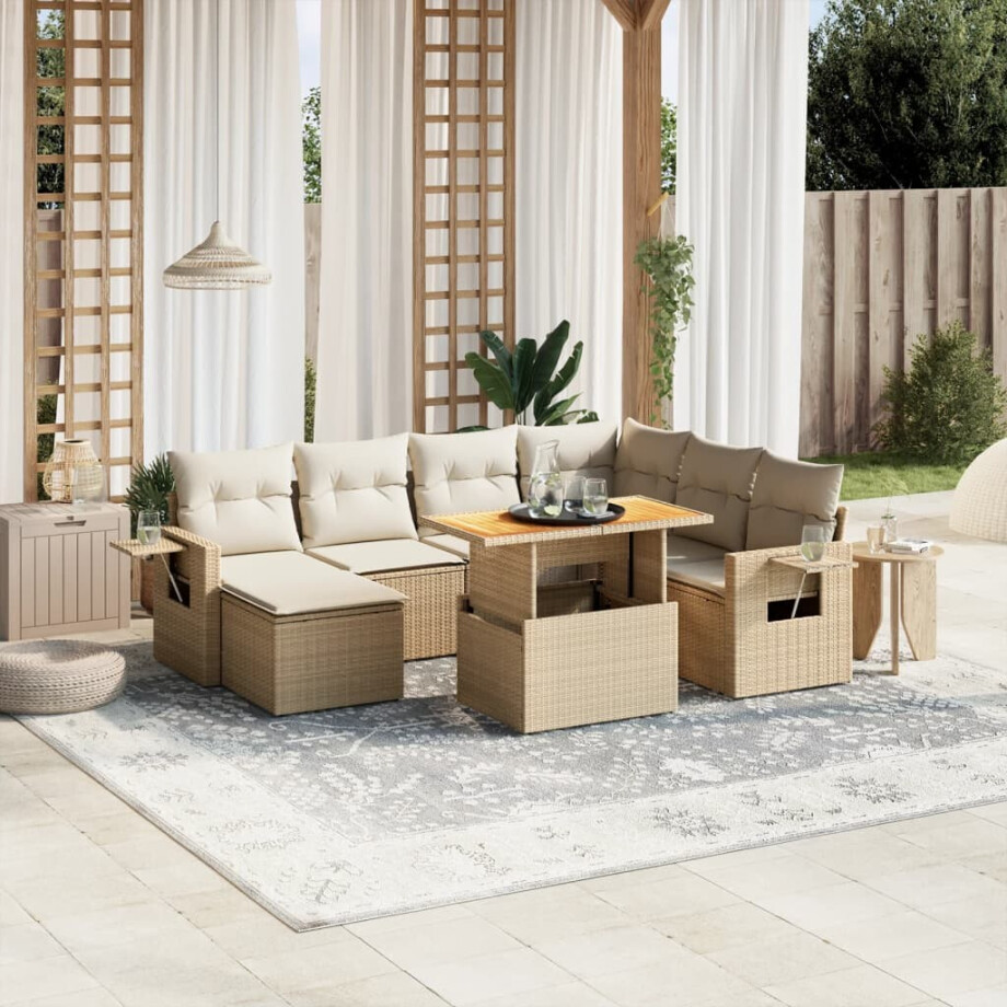 vidaXL 8-delige Loungeset met kussens poly rattan beige afbeelding 1