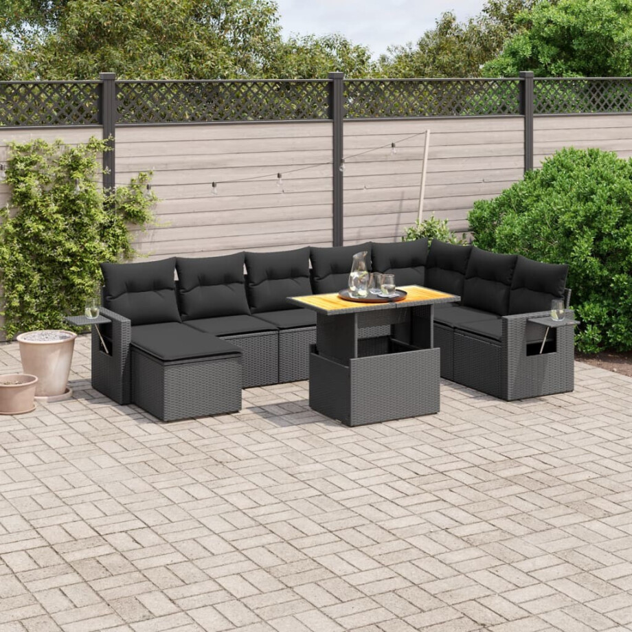 vidaXL 9-delige Loungeset met kussens poly rattan zwart afbeelding 1