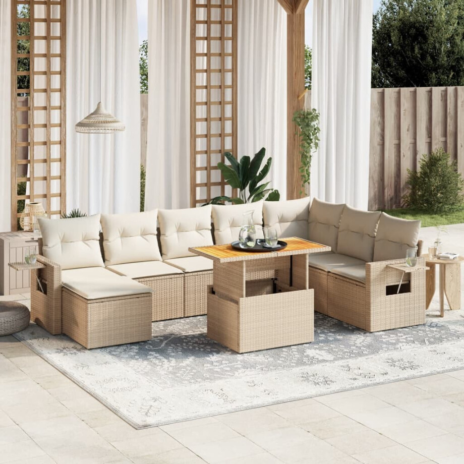 vidaXL 9-delige Loungeset met kussens poly rattan beige afbeelding 1