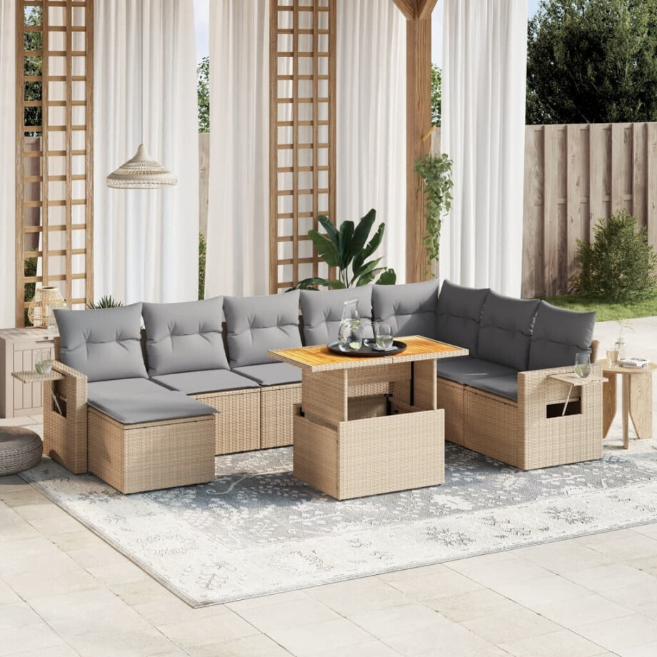 vidaXL 9-delige Loungeset met kussens poly rattan beige afbeelding 1
