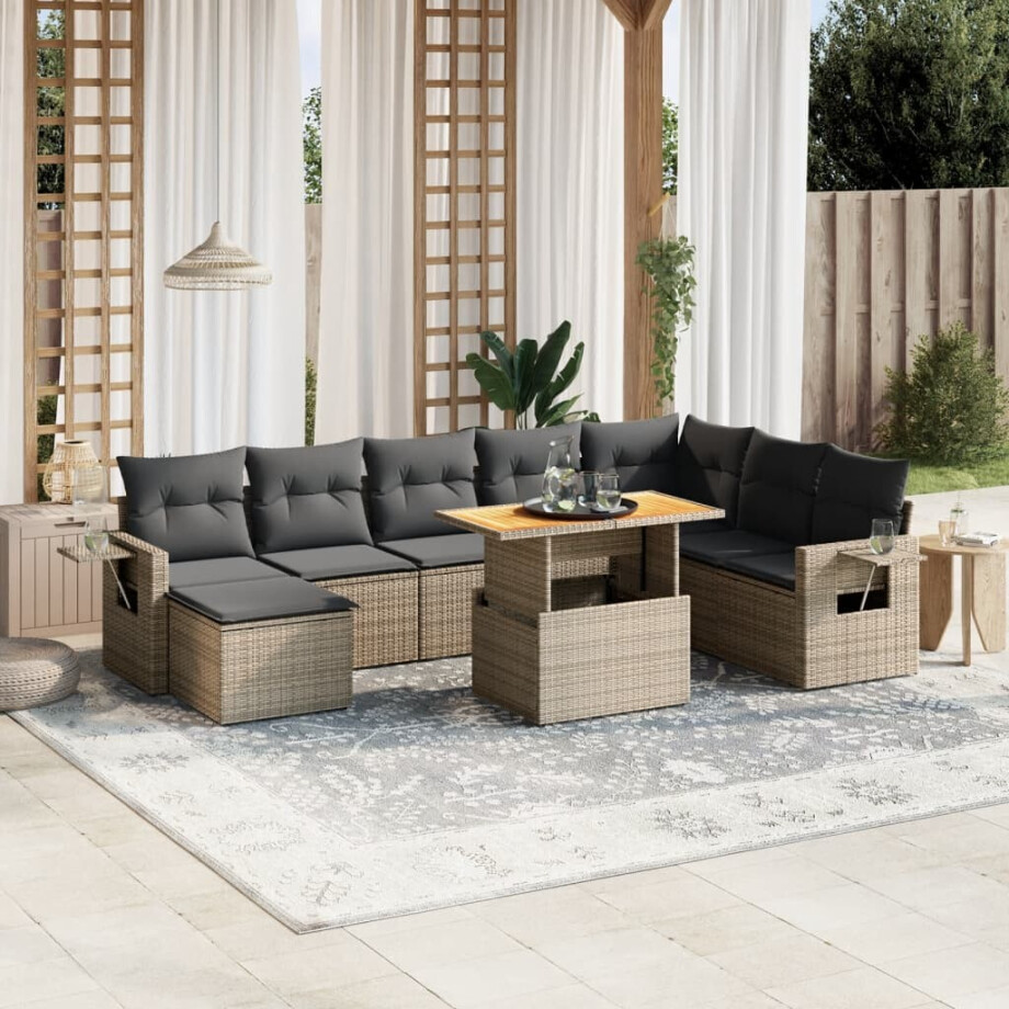 vidaXL 9-delige Loungeset met kussens poly rattan grijs afbeelding 1