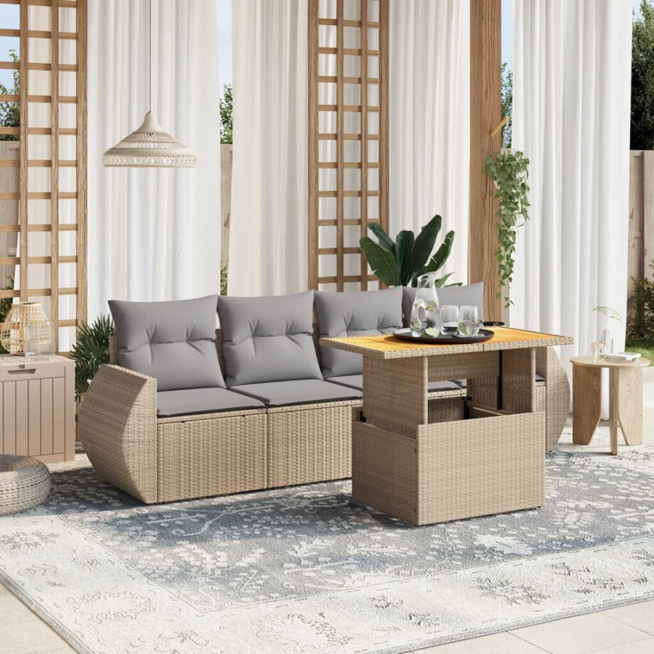 vidaXL 5-delige Loungeset met kussens poly rattan beige afbeelding 1