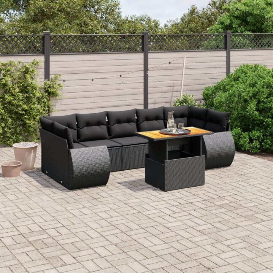 vidaXL 8-delige Loungeset met kussens poly rattan zwart afbeelding 1