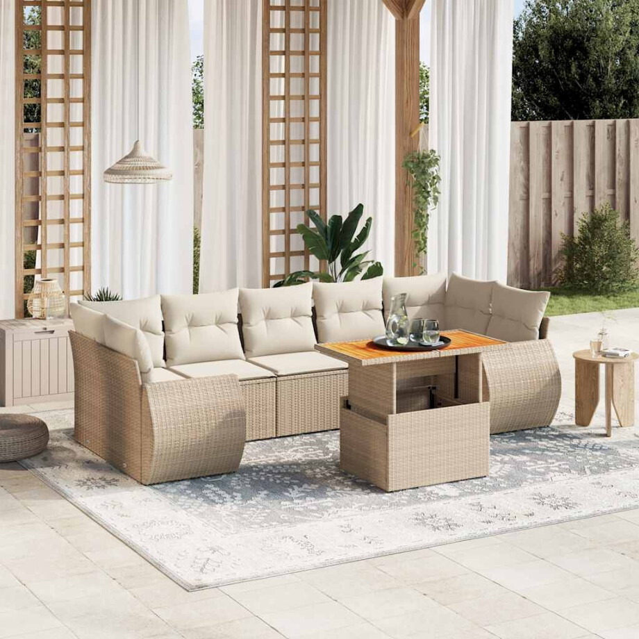 vidaXL 8-delige Loungeset met kussens poly rattan beige afbeelding 1