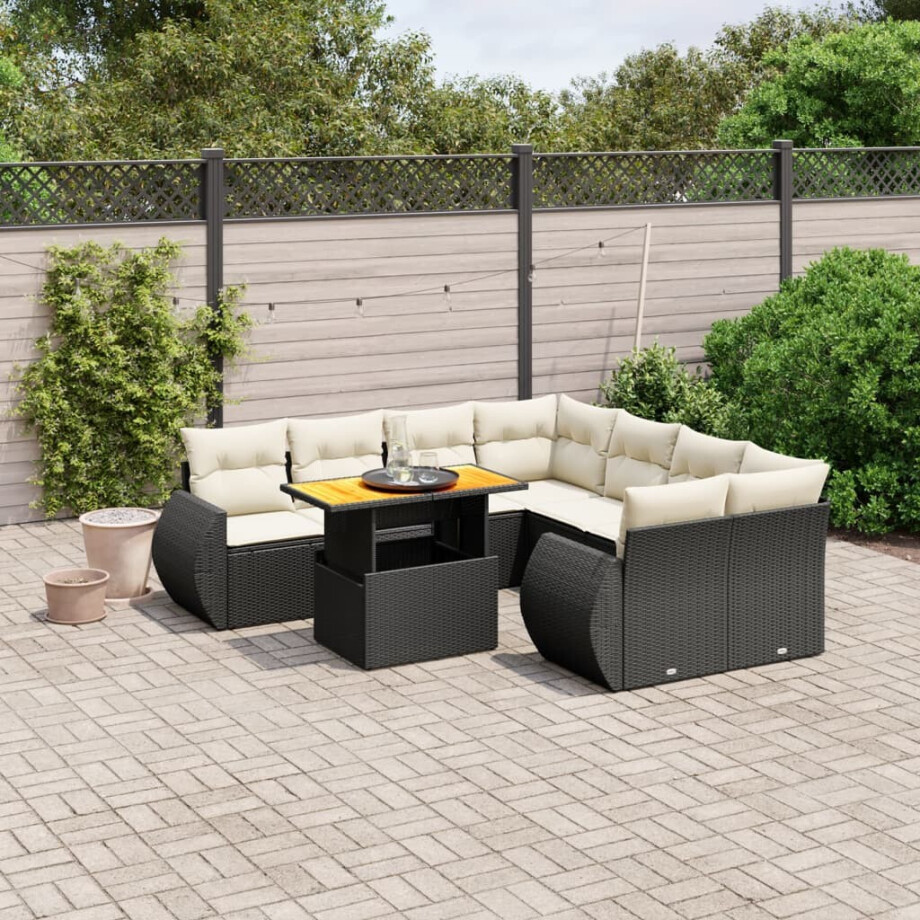 vidaXL 9-delige Loungeset met kussens poly rattan zwart afbeelding 1