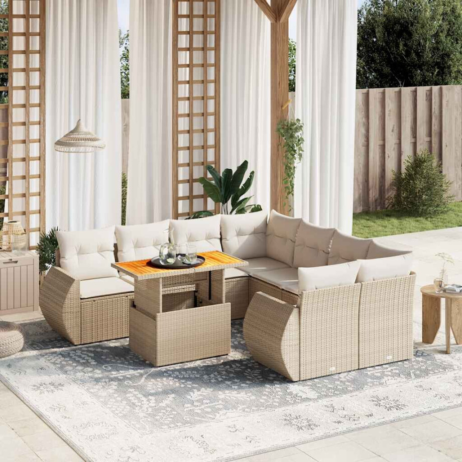 vidaXL 9-delige Loungeset met kussens poly rattan beige afbeelding 1