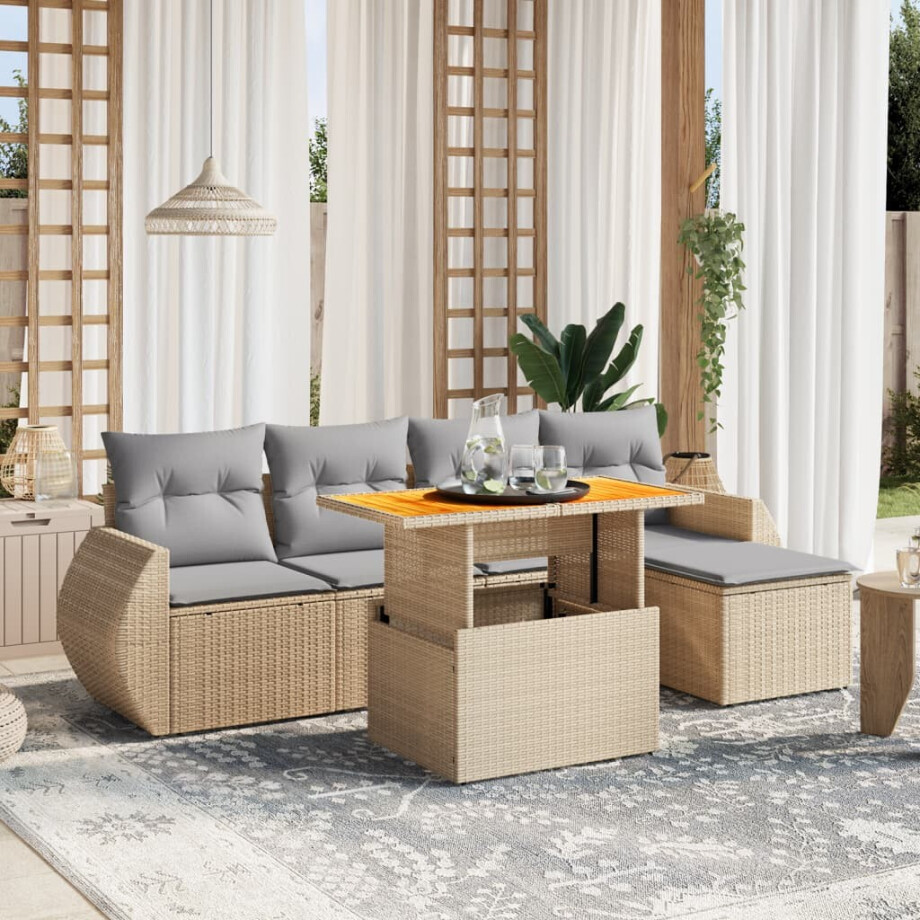 vidaXL 6-delige Loungeset met kussens poly rattan beige afbeelding 1
