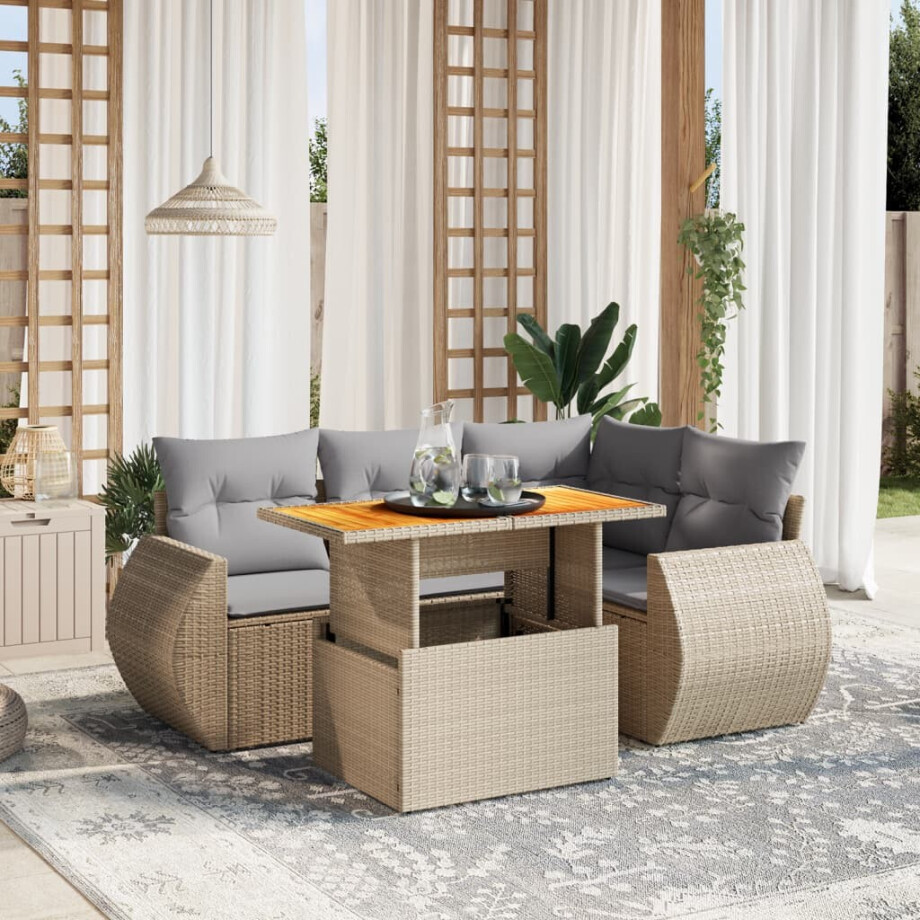 vidaXL 5-delige Loungeset met kussens poly rattan beige afbeelding 1