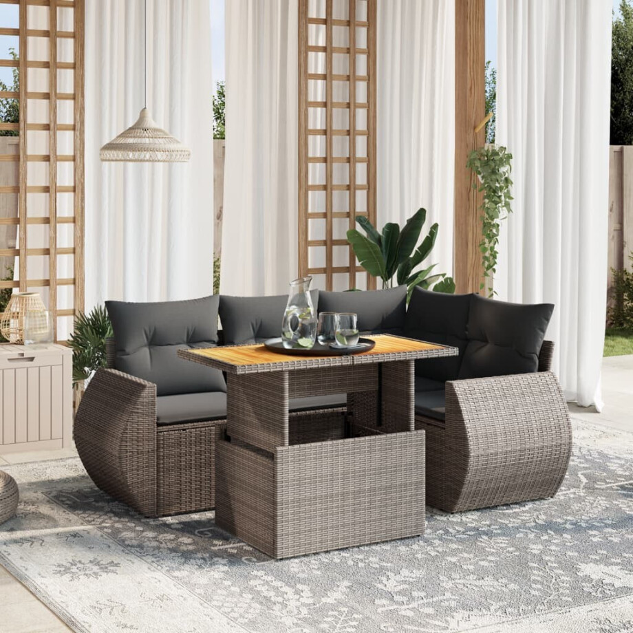 vidaXL 5-delige Loungeset met kussens poly rattan grijs afbeelding 1
