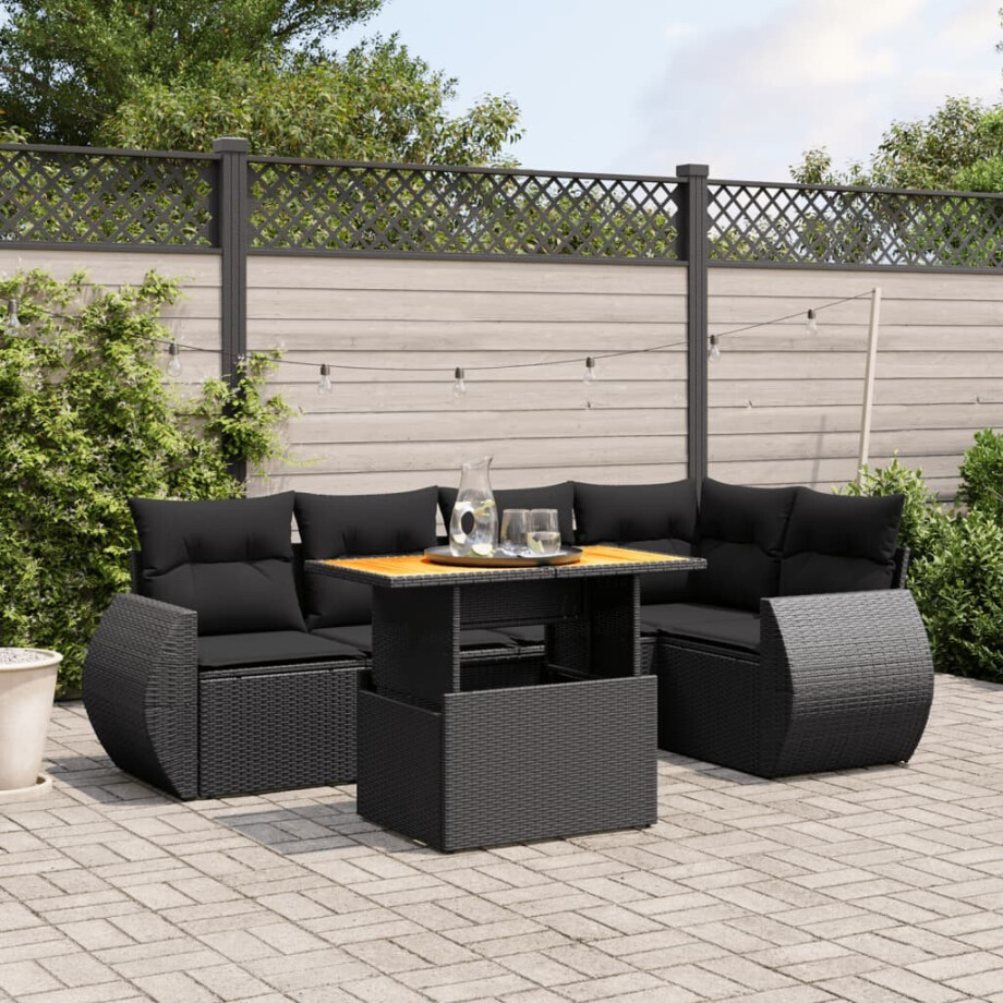 vidaXL 6-delige Loungeset met kussens poly rattan zwart afbeelding 1