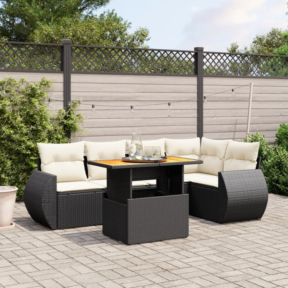 vidaXL 6-delige Loungeset met kussens poly rattan zwart afbeelding 1