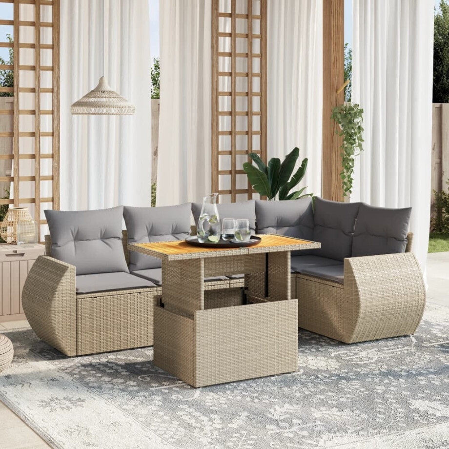 vidaXL 6-delige Loungeset met kussens poly rattan beige afbeelding 1