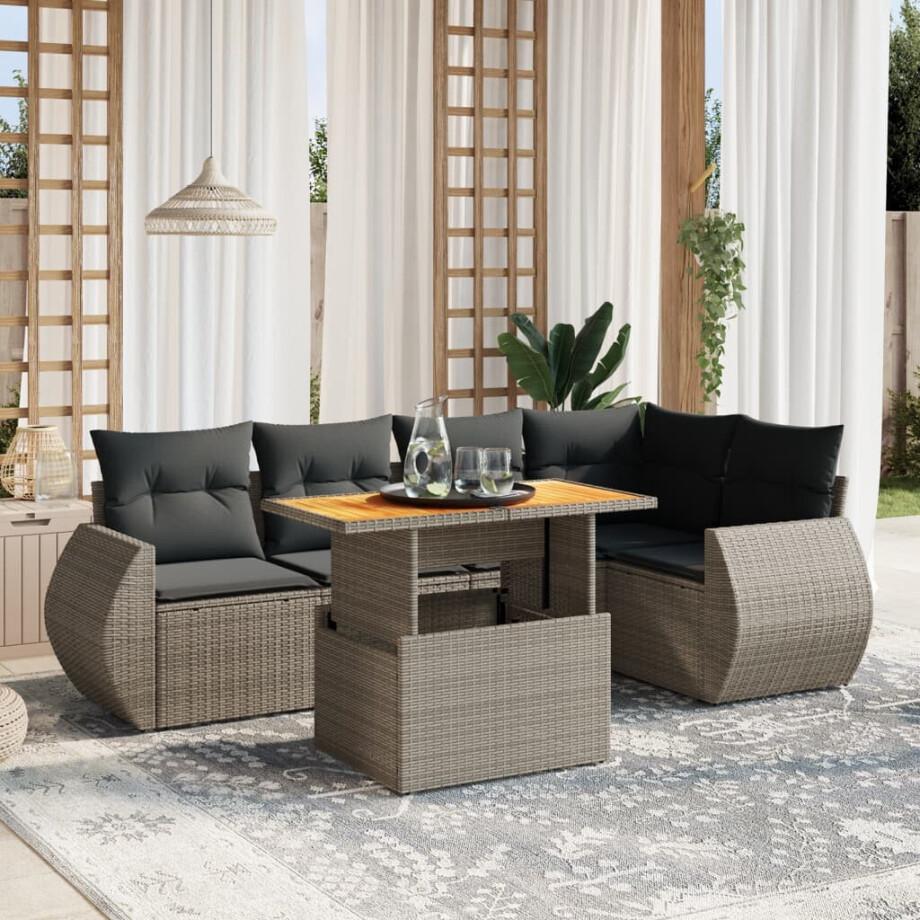 vidaXL 6-delige Loungeset met kussens poly rattan grijs afbeelding 1