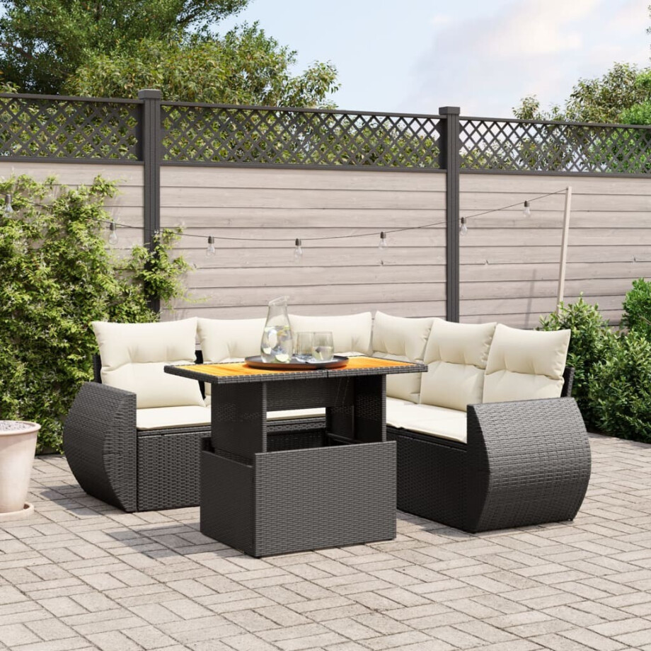 vidaXL 6-delige Loungeset met kussens poly rattan zwart afbeelding 1