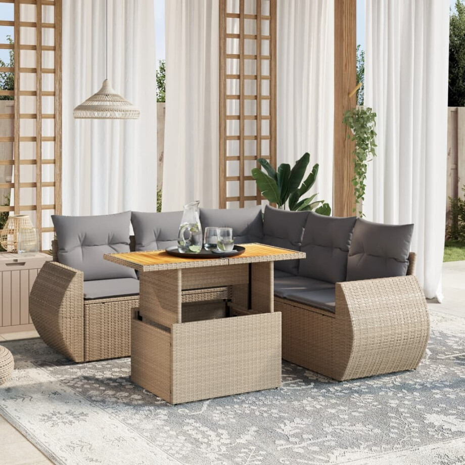 vidaXL 6-delige Loungeset met kussens poly rattan beige afbeelding 1