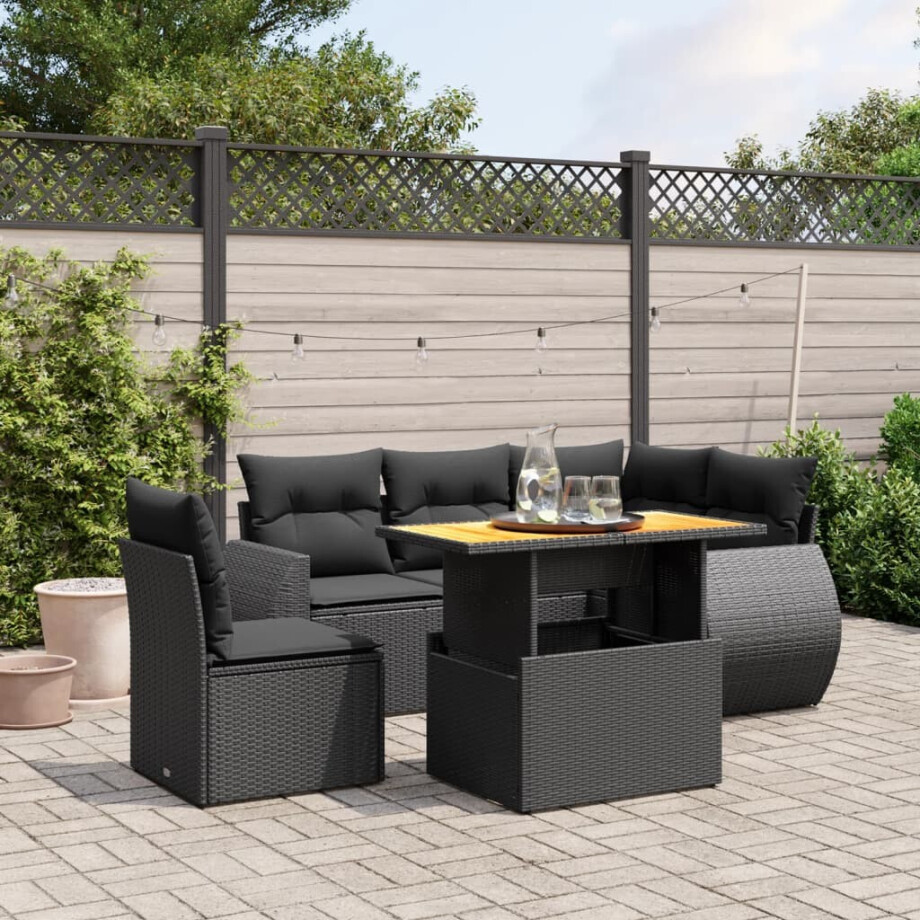 vidaXL 6-delige Loungeset met kussens poly rattan zwart afbeelding 1