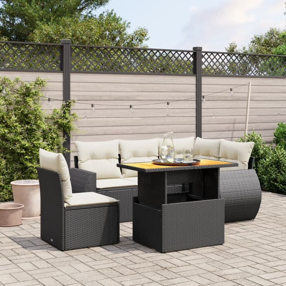 vidaXL 6-delige Loungeset met kussens poly rattan zwart afbeelding 1