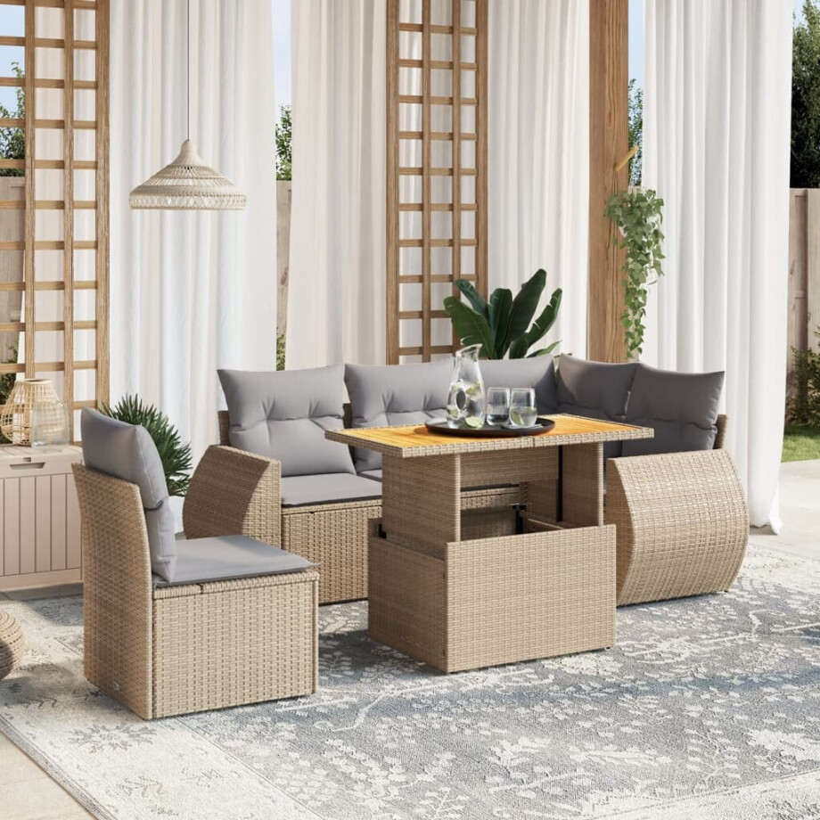 vidaXL 6-delige Loungeset met kussens poly rattan beige afbeelding 1
