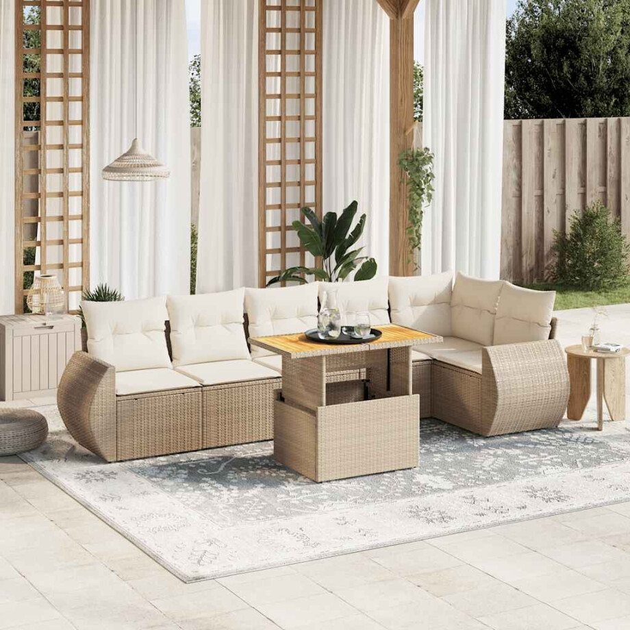 vidaXL 7-delige Loungeset met kussens poly rattan beige afbeelding 1