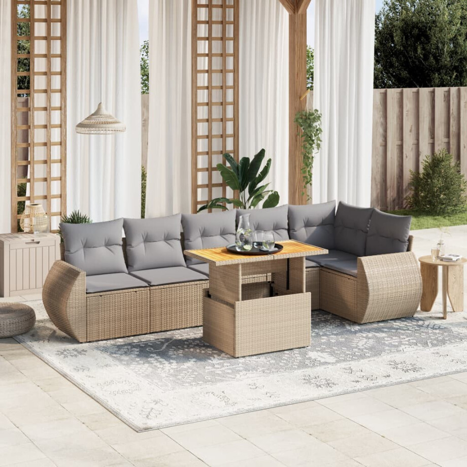 vidaXL 7-delige Loungeset met kussens poly rattan beige afbeelding 1