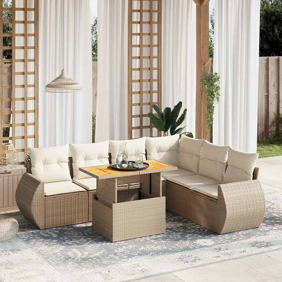 vidaXL 7-delige Loungeset met kussens poly rattan beige vidaXL 7-delige Loungeset met kussens poly rattan beige afbeelding 1