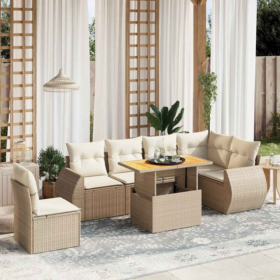 vidaXL 7-delige Loungeset met kussens poly rattan beige afbeelding 1