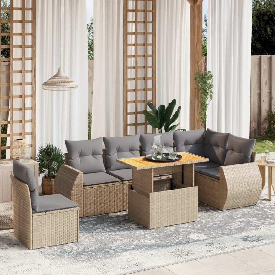 vidaXL 7-delige Loungeset met kussens poly rattan beige afbeelding 1