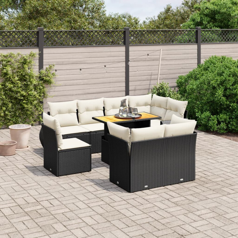 vidaXL 9-delige Loungeset met kussens poly rattan zwart afbeelding 1