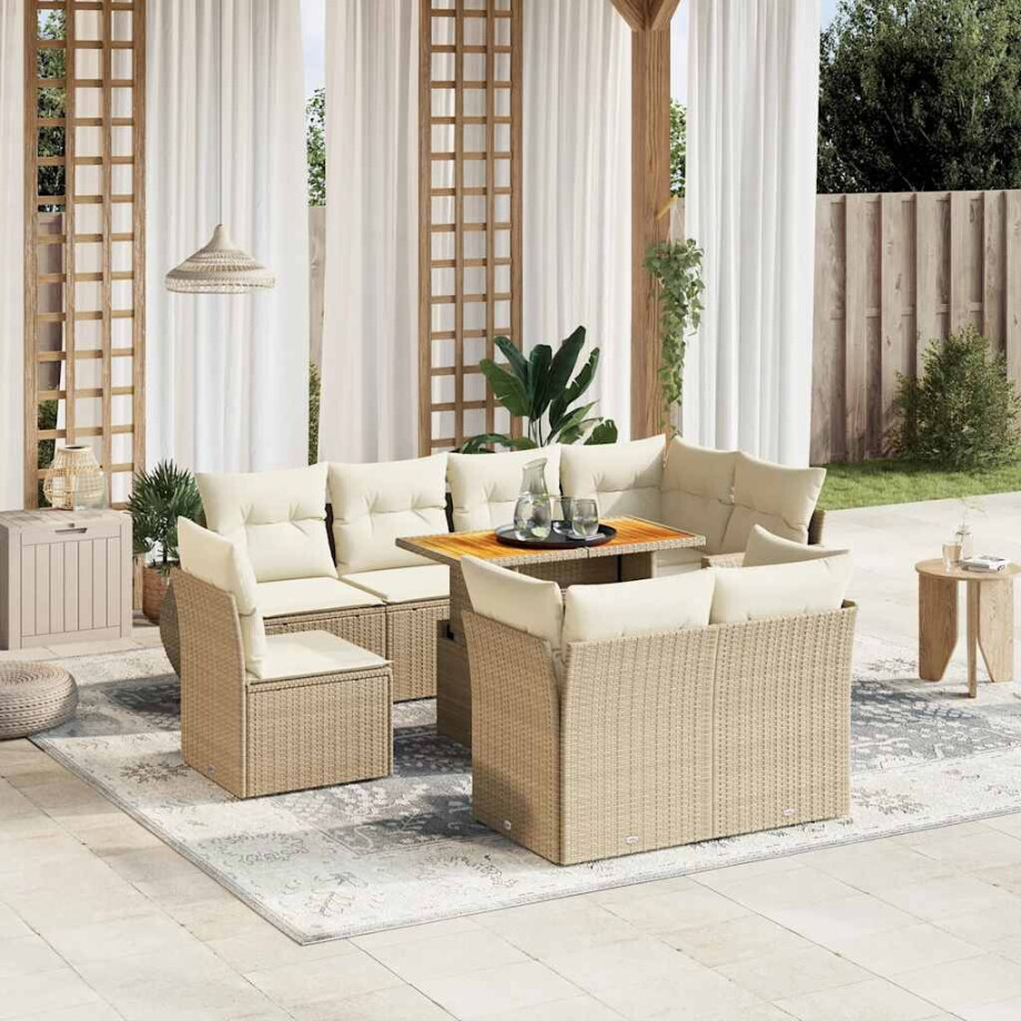 vidaXL 9-delige Loungeset met kussens poly rattan beige afbeelding 1
