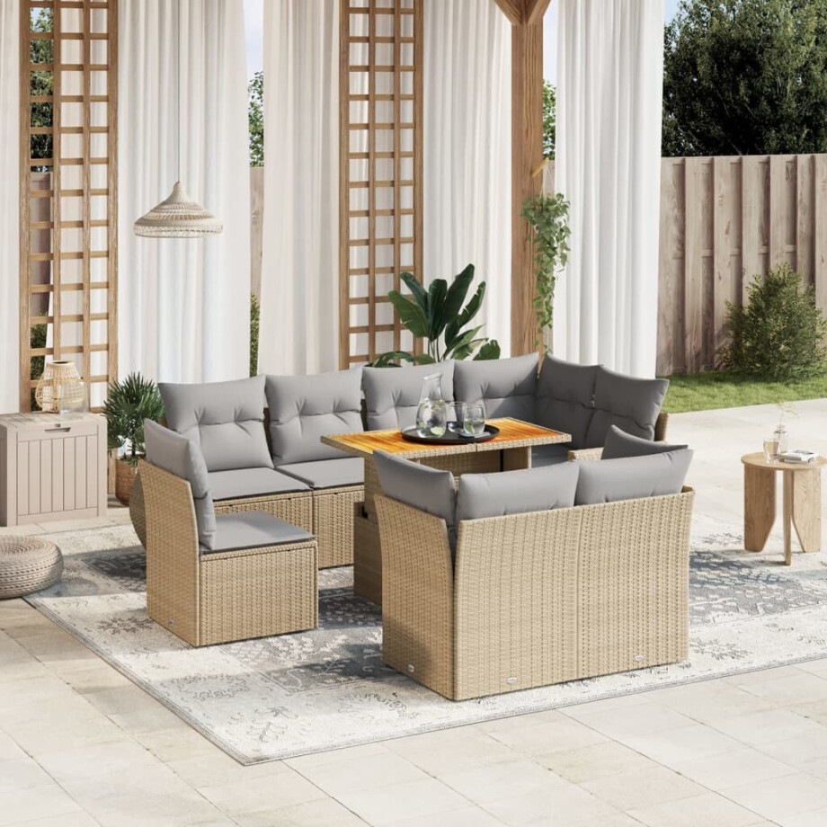 vidaXL 9-delige Loungeset met kussens poly rattan beige afbeelding 1