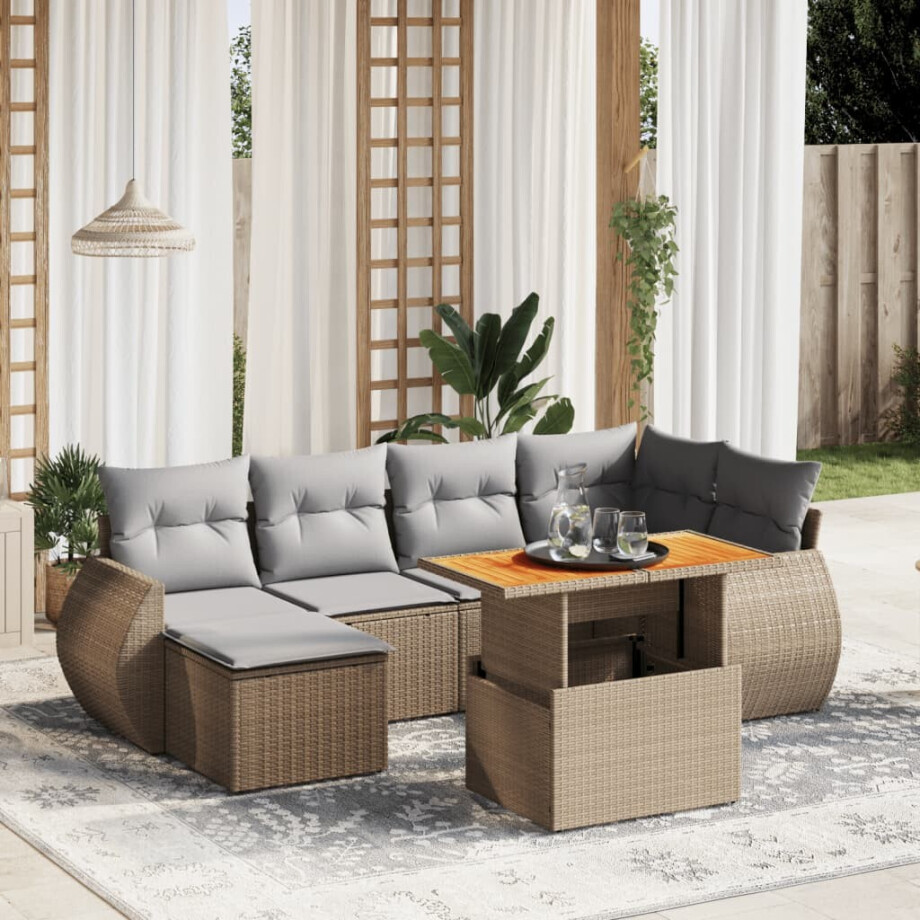 vidaXL 7-delige Loungeset met kussens poly rattan beige afbeelding 1