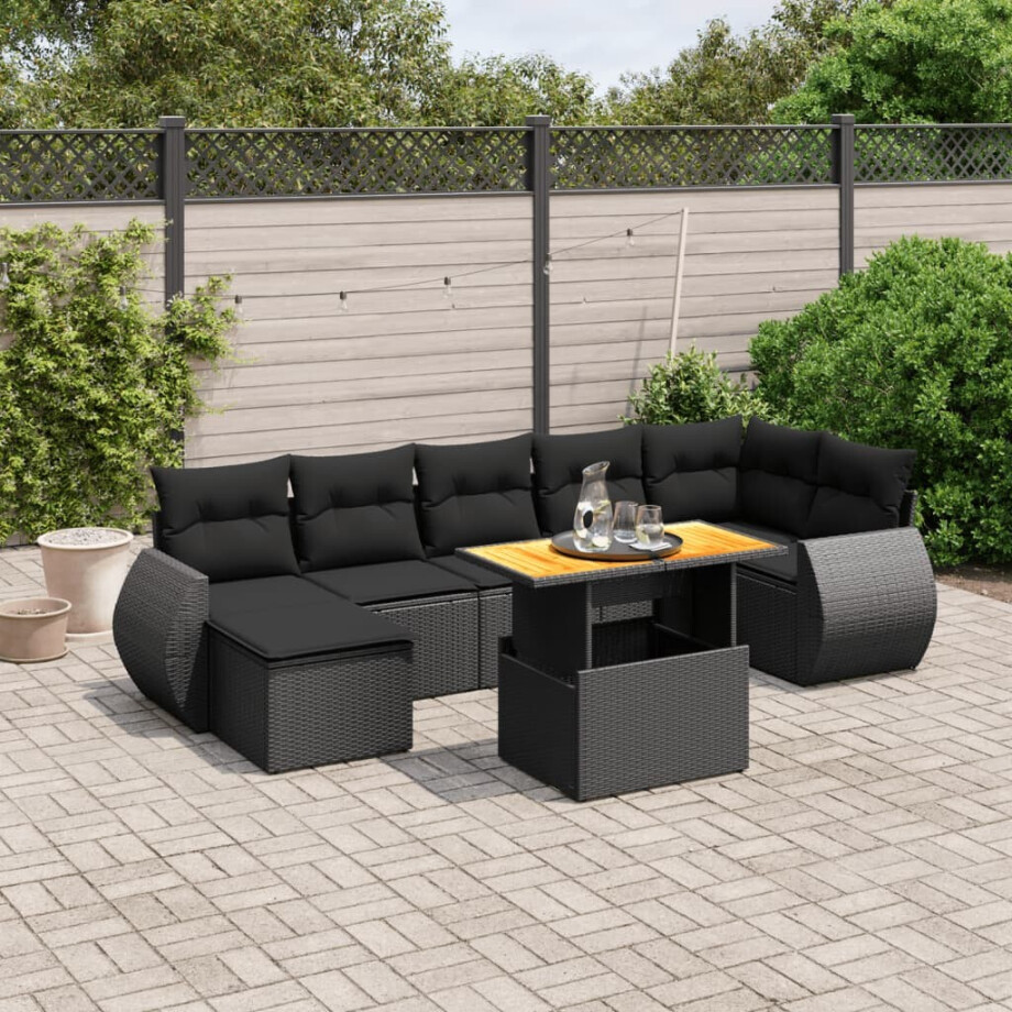 vidaXL 8-delige Loungeset met kussens poly rattan zwart afbeelding 1