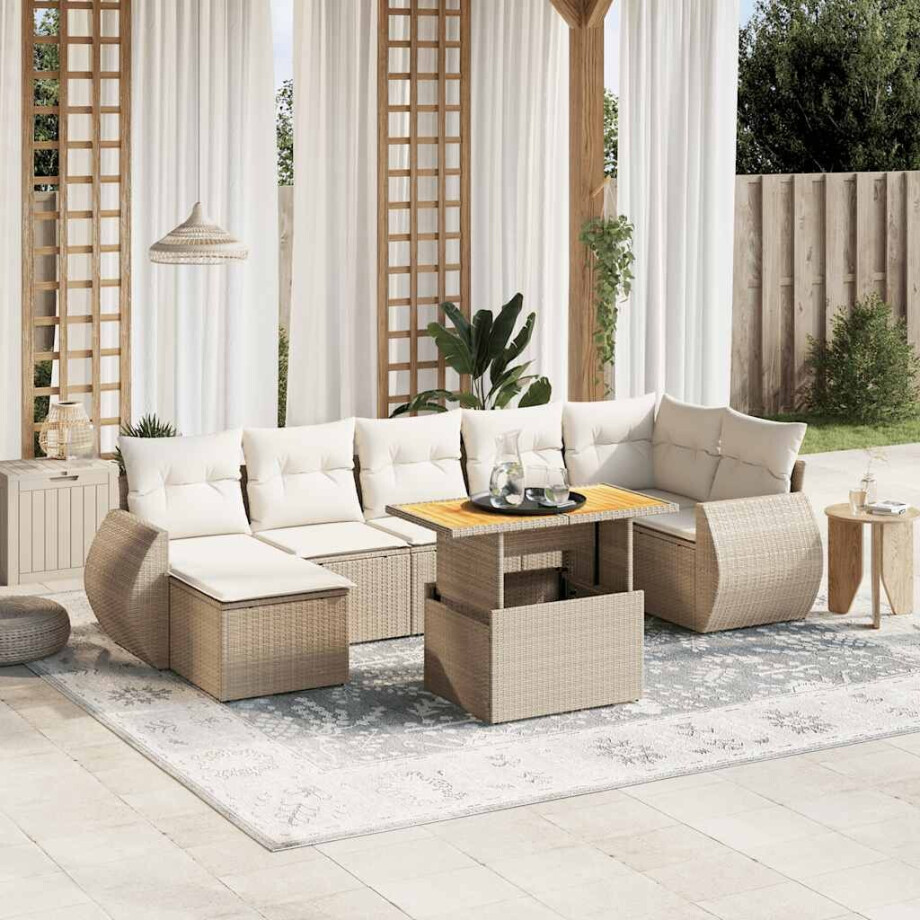 vidaXL 8-delige Loungeset met kussens poly rattan beige afbeelding 1