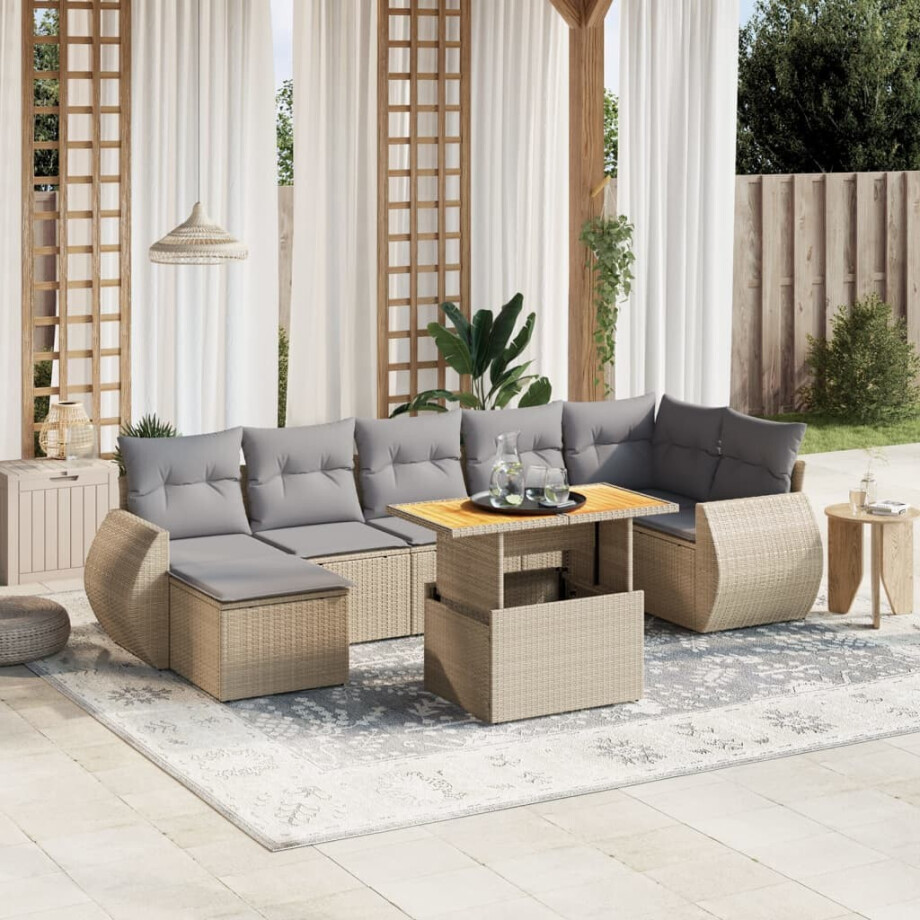 vidaXL 8-delige Loungeset met kussens poly rattan beige afbeelding 1