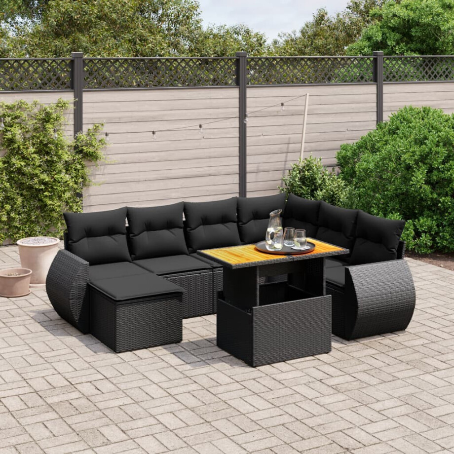 vidaXL 8-delige Loungeset met kussens poly rattan zwart afbeelding 1