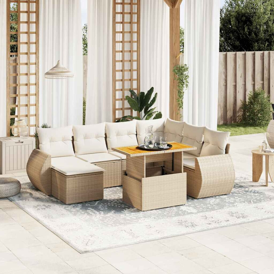 vidaXL 8-delige Loungeset met kussens poly rattan beige afbeelding 1