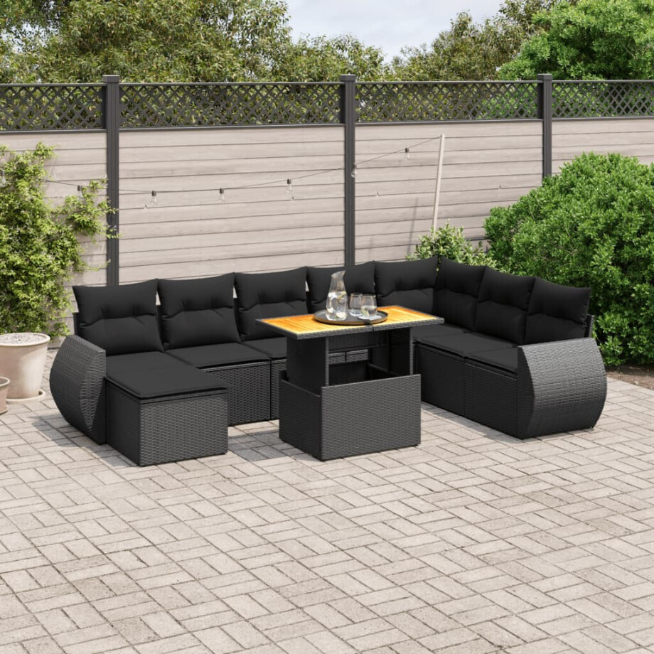 vidaXL 9-delige Loungeset met kussens poly rattan zwart afbeelding 1