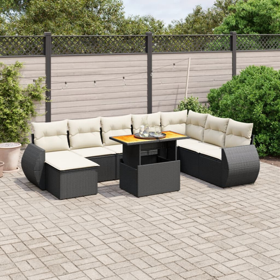 vidaXL 9-delige Loungeset met kussens poly rattan zwart afbeelding 1